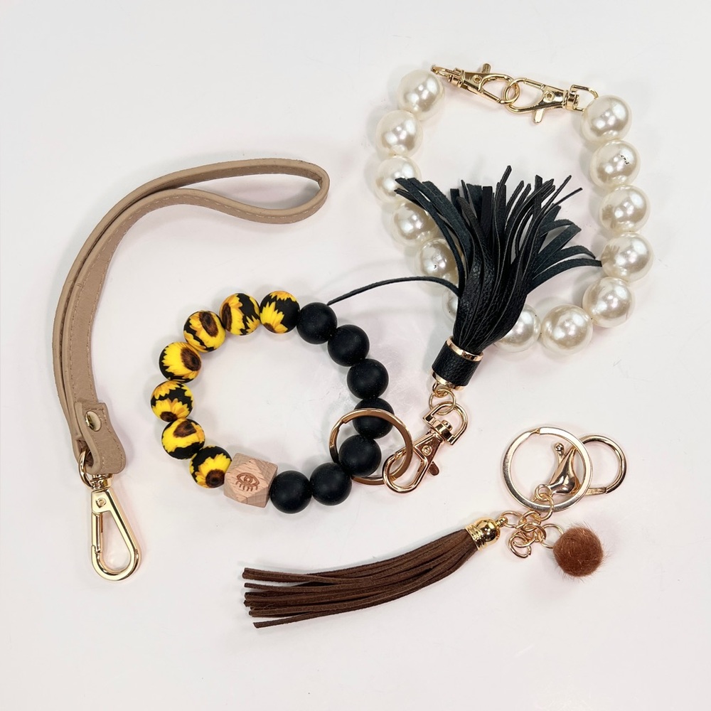 Four Wristlet Keychains - Bracelets with Tassels Beads Faux Pearls